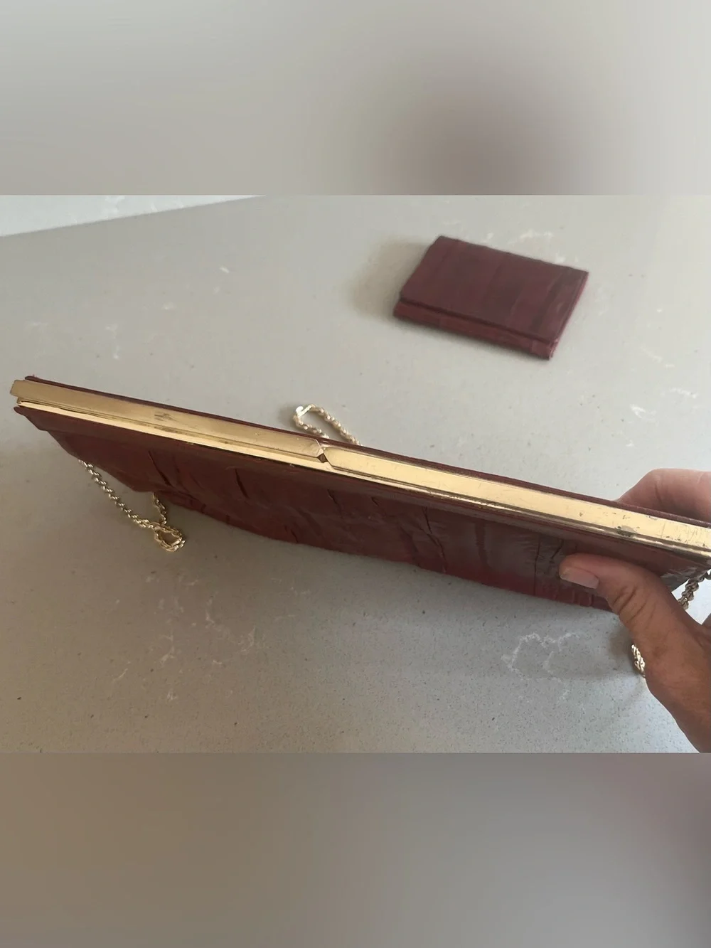 Vintage Genuine Eel Skin Clutch Cocktail Purse Chain Strap Wallet Burgundy Korea